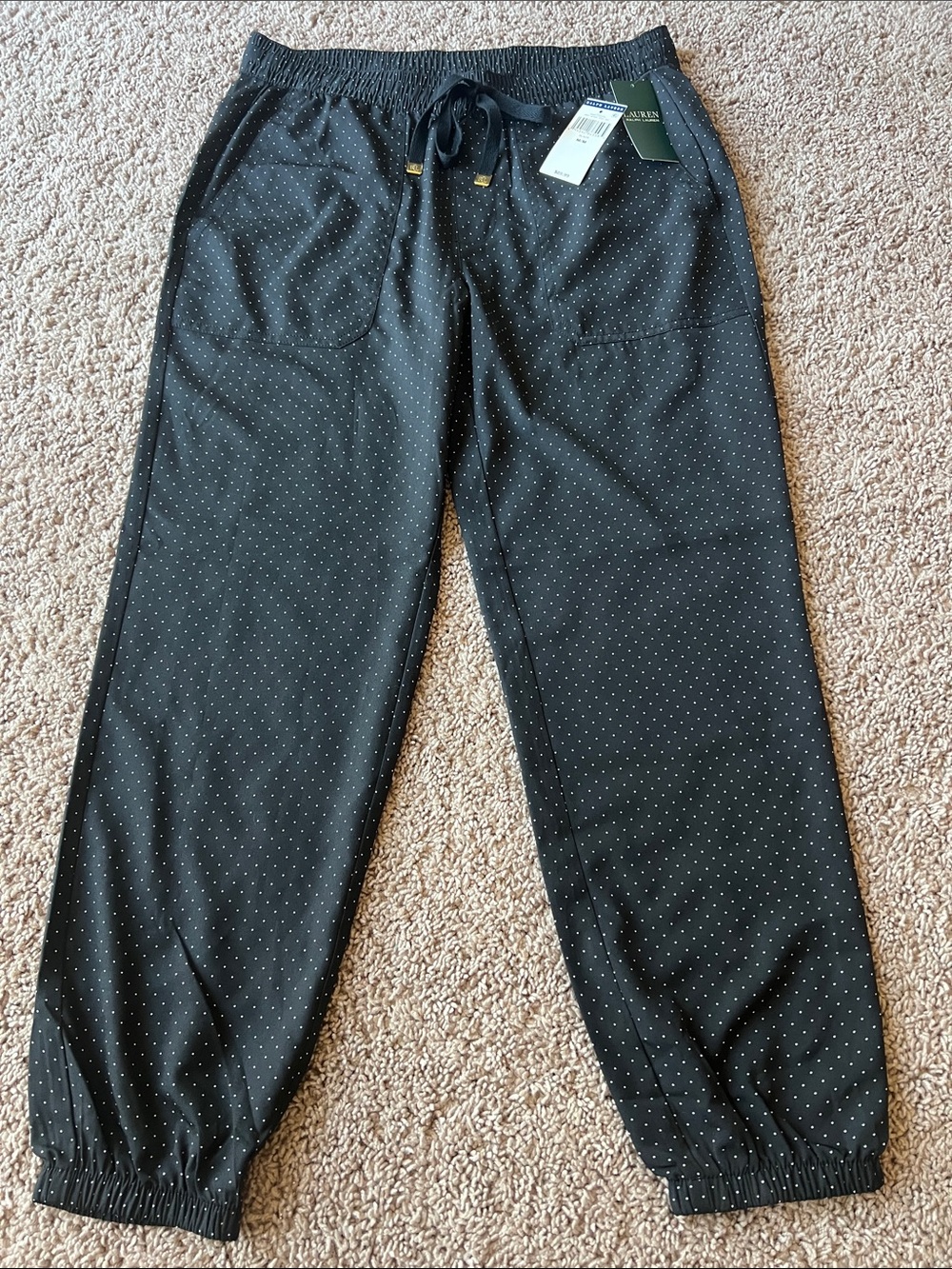 LRL Black Polka Dot Drawstring Jogger Pants Size M NWT